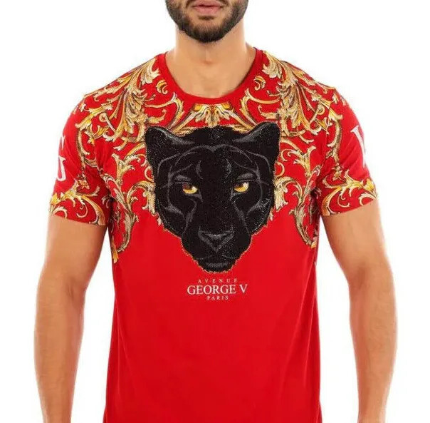 Avenue George V Paris T-Shirt Black Panther Rhinestone Men’s Red Shirt