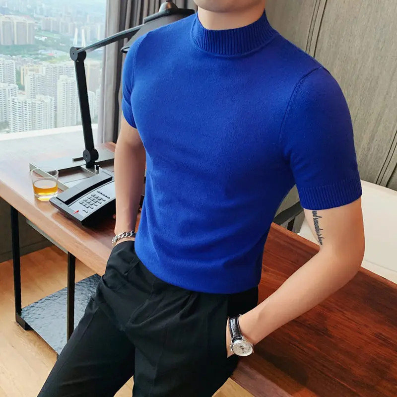 High Quality Men Half Turtleneck Knitted T Shirts Mens Autumn Short Sleeve Slim