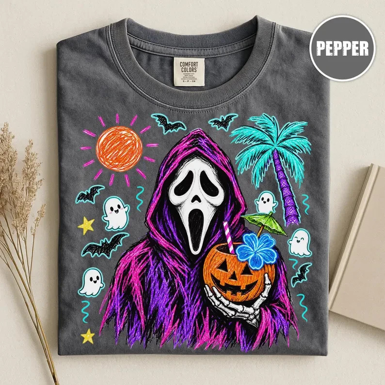 Spooky Ghost Mask Halloween Shirt Tropical Pumpkin Drink Tee Gildan Unisex
