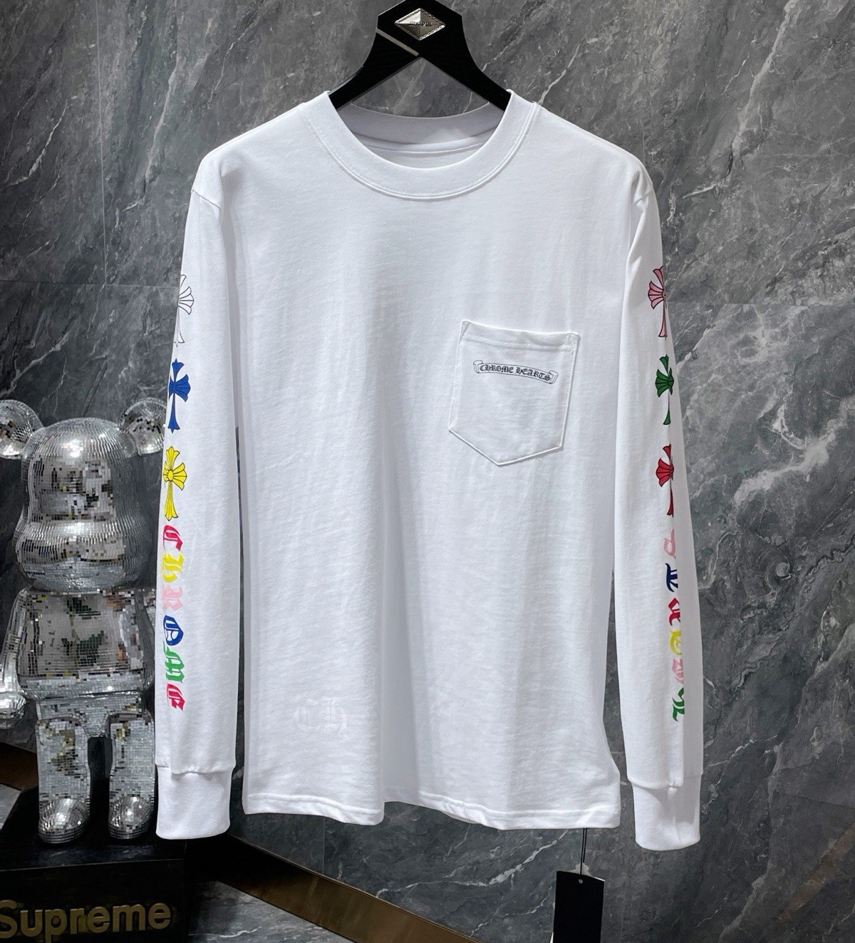 Chrome Hearts Men’s Logo Graphic Cotton Pocket Tee White Long Sleeve Sz L