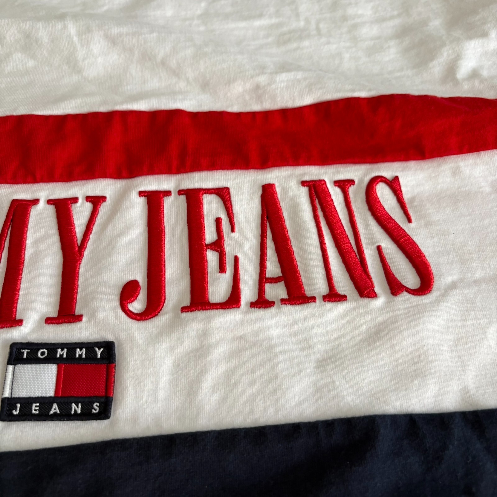 Tommy Jeans Oversized Fit Color Block T-Shirt L Flag Logo Embroidered VTG 90 80