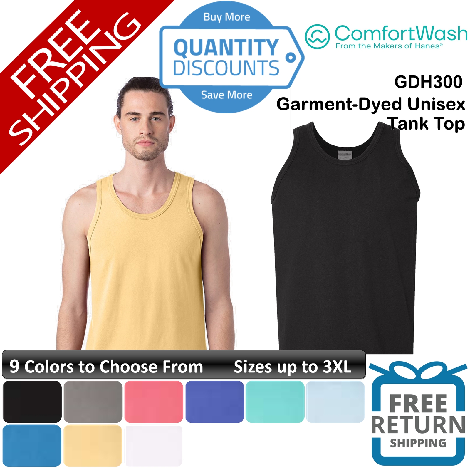 🔥 Comfortwash By Hanes Men Garment-dyed Unisex Tank Top Up To 3XL Gdh300