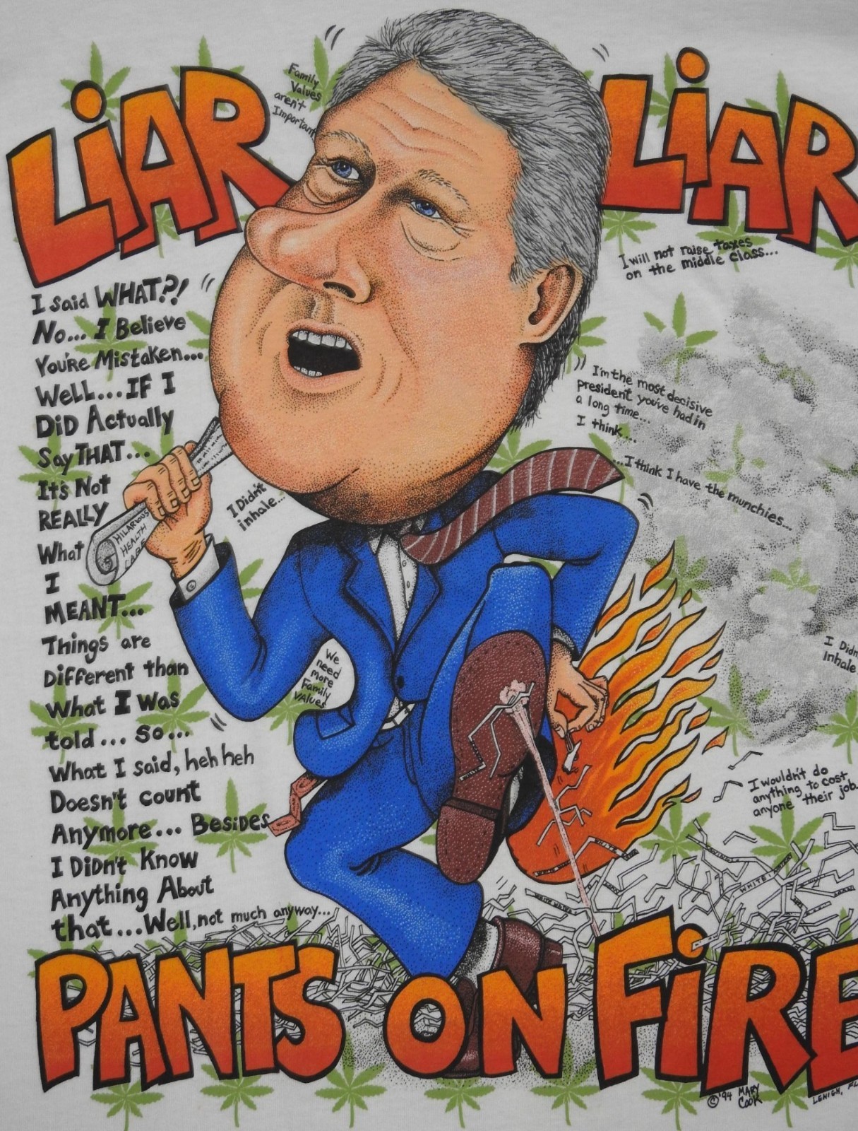 Vintage 1994 Bill Clinton Liar Liar Pants on Fire Caricature T-Shirt XL Weed