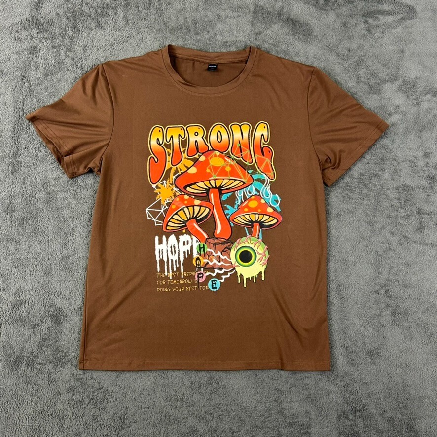 ROMWE Psychedelic Mushroom T-Shirt Men’s Large Brown Trippy Graphic Festival Tee