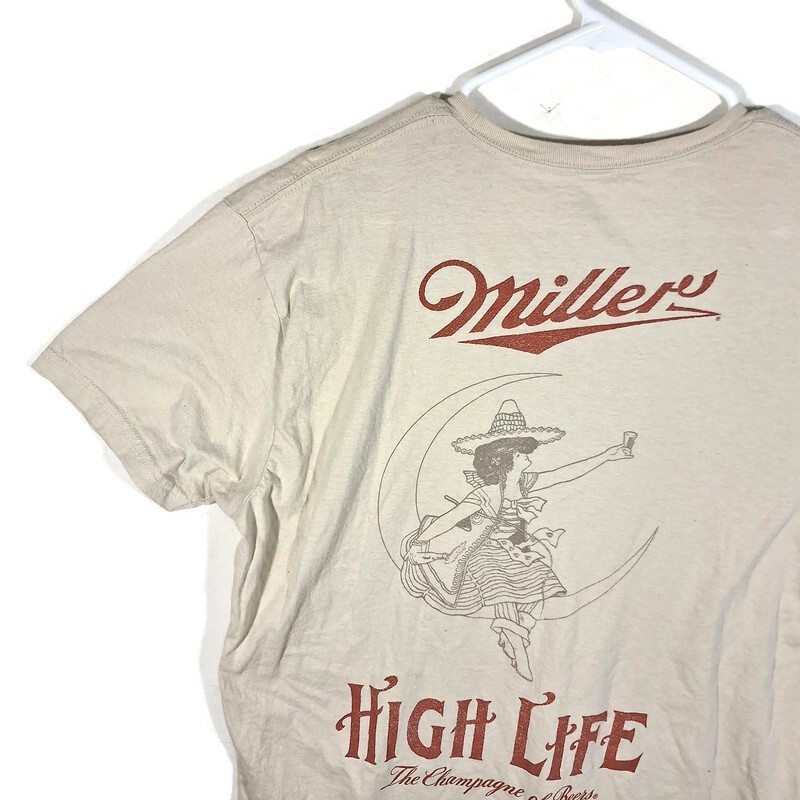 Miller High Life Beer Graphic Tshirt Mens L Short Sleeve Crew Neck Beige Cotton