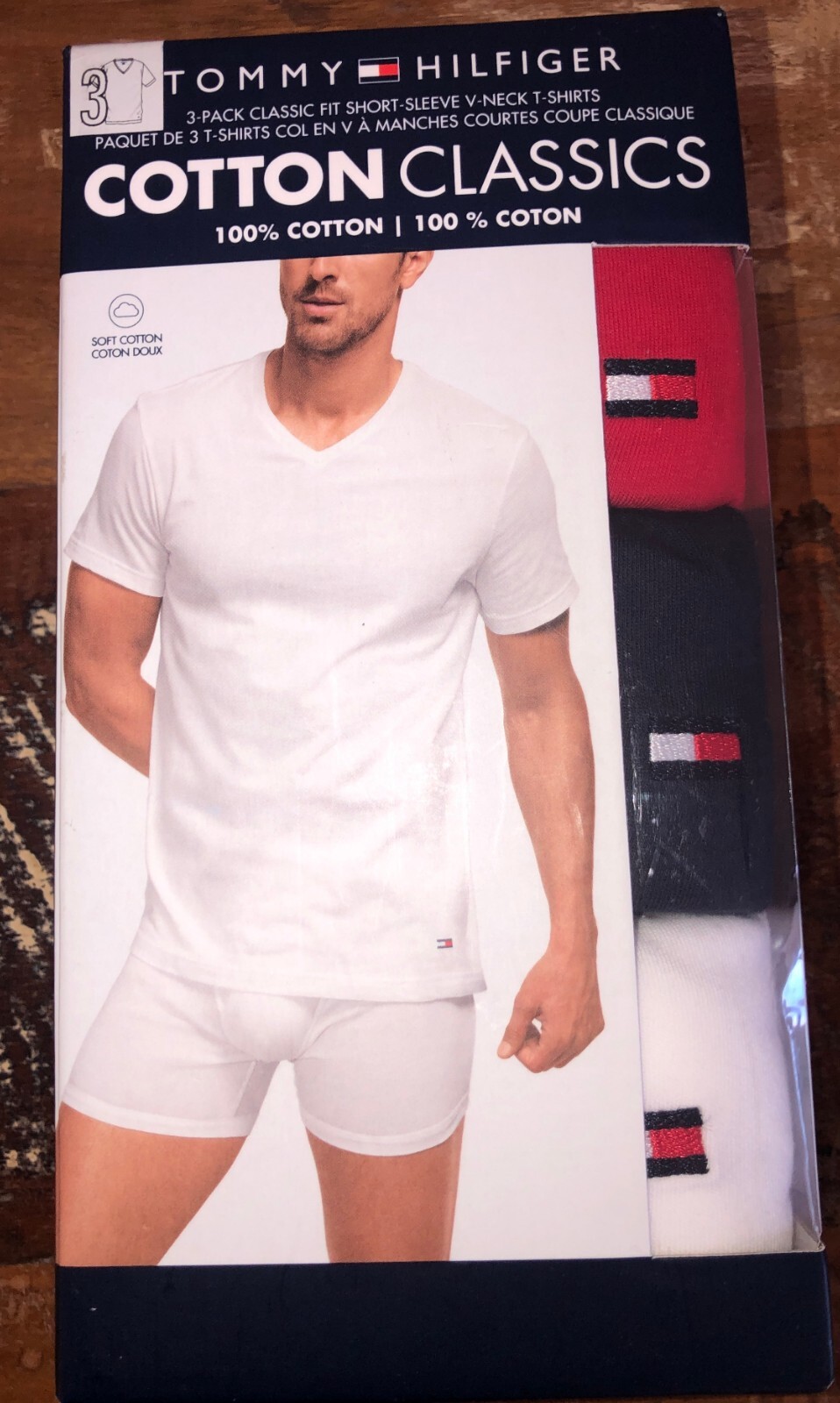 Tommy Hilfiger Men’s 3 Pack T Shirts M Cotton Classics V-Neck Red White Blue