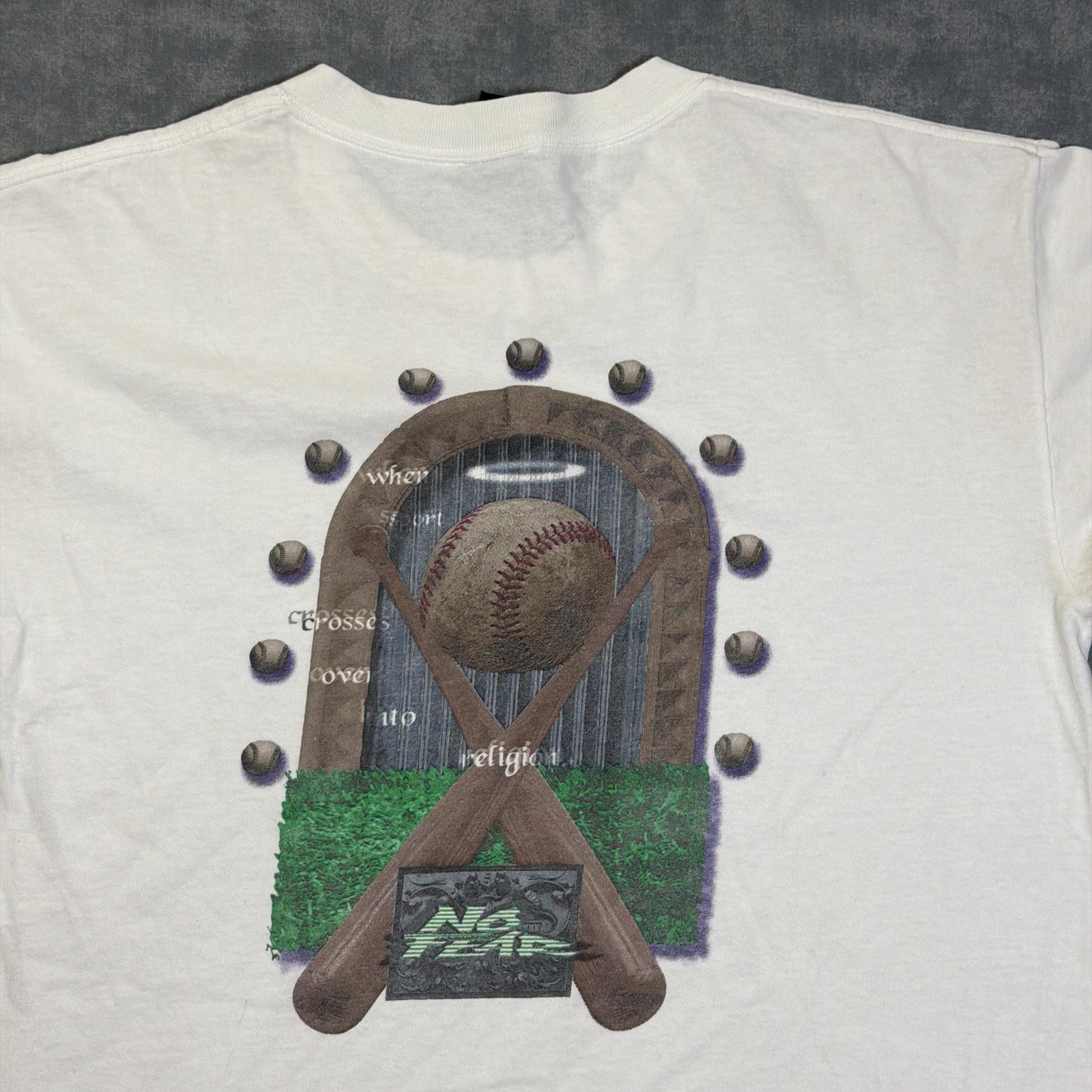 Vintage No Fear Shirt Mens L White Baseball Religion Graphic Tee USA 90s