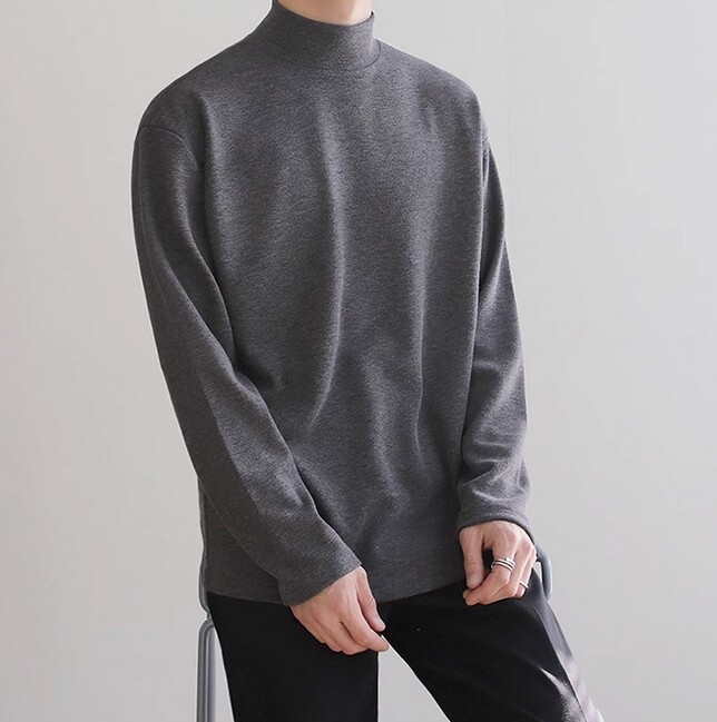 Men Bottoming Long Sleeved Tee T-Shirt Half Turtleneck Loose Crewneck Top