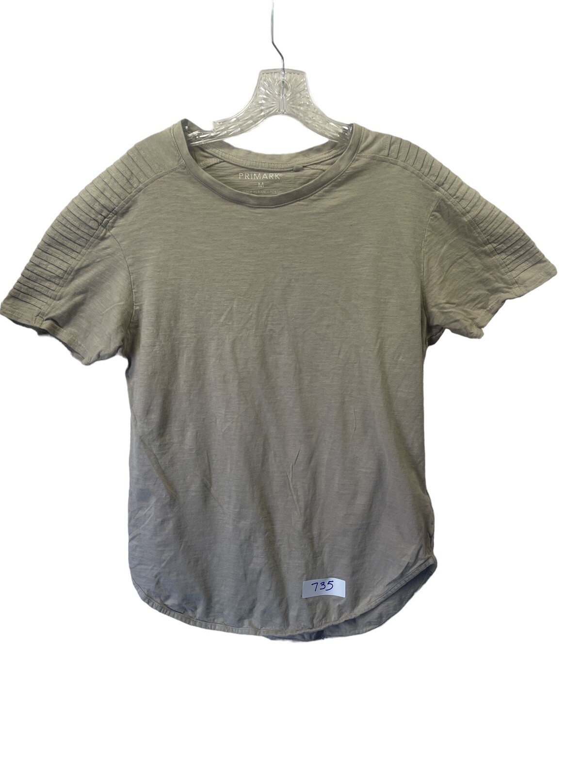 Primark T-Shirt Mens Tan Cotton Size Med Round Neck Pleated Sleeve Round Bottom