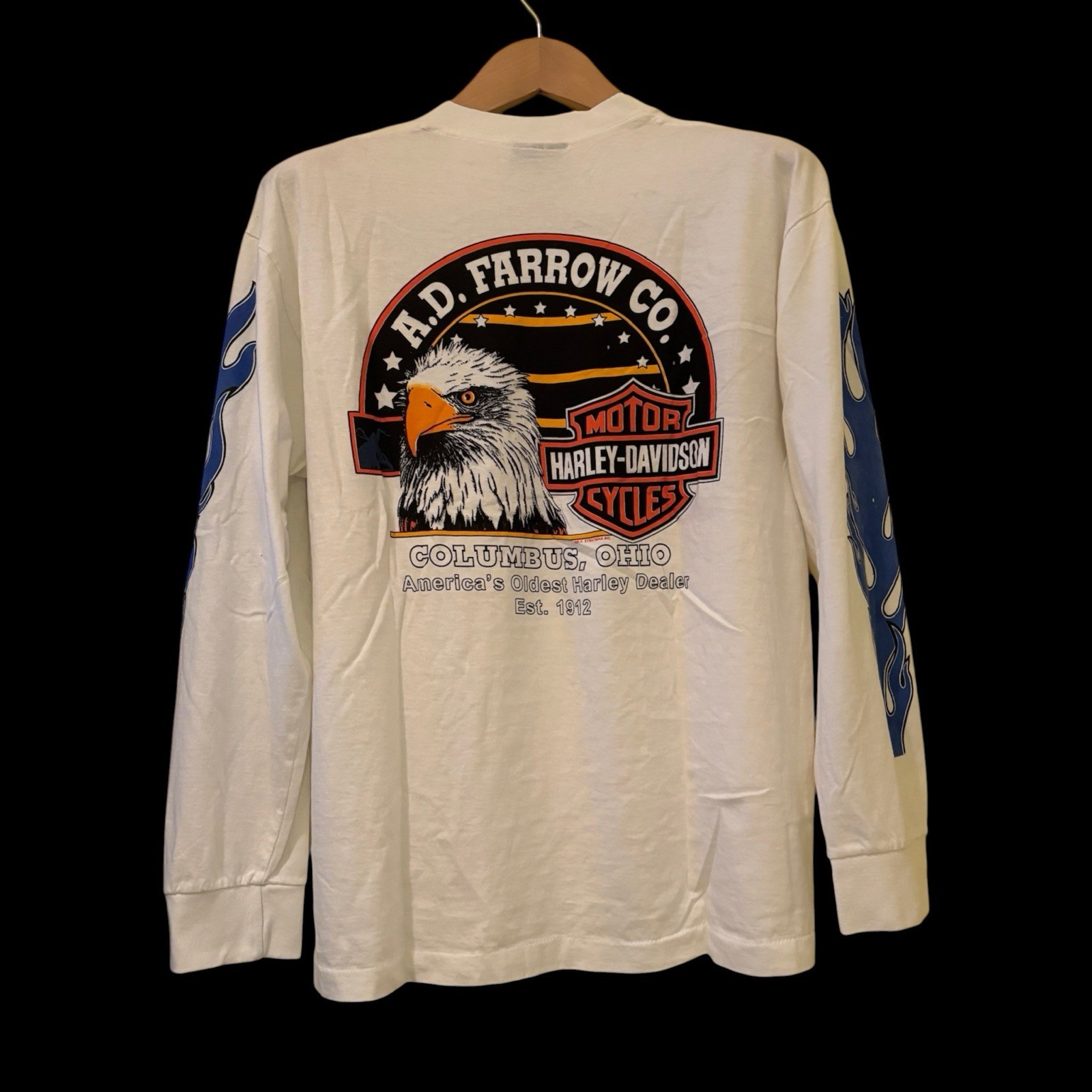 Vintage Harley Davidson Blue Flame Columbus Ohio Long Sleeve T-Shirt REPRINT L