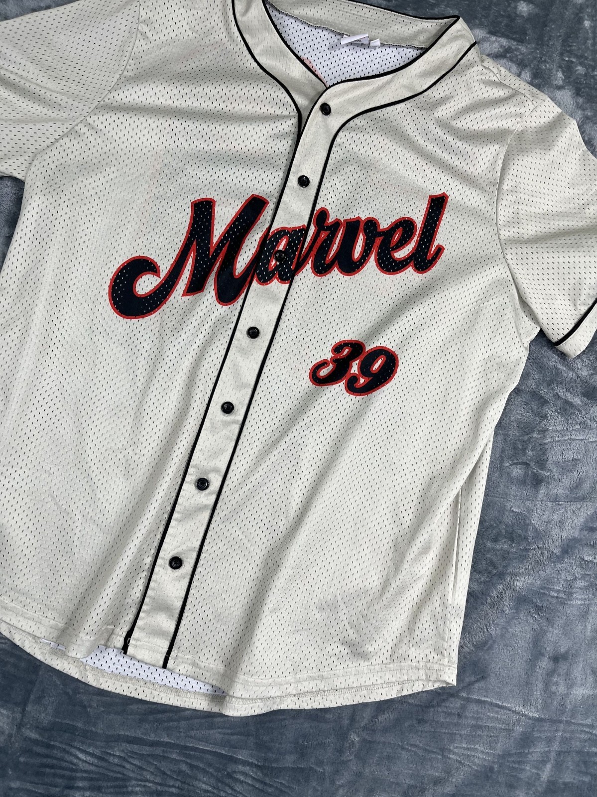Marvel 3X Baseball Jersey Button-Up Avengers Graphic Back Beige & Red