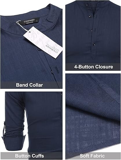 COOFANDY Men’s Cotton Linen Henley T-Shirt Long Sleeve Hippie Casual Beach Blue