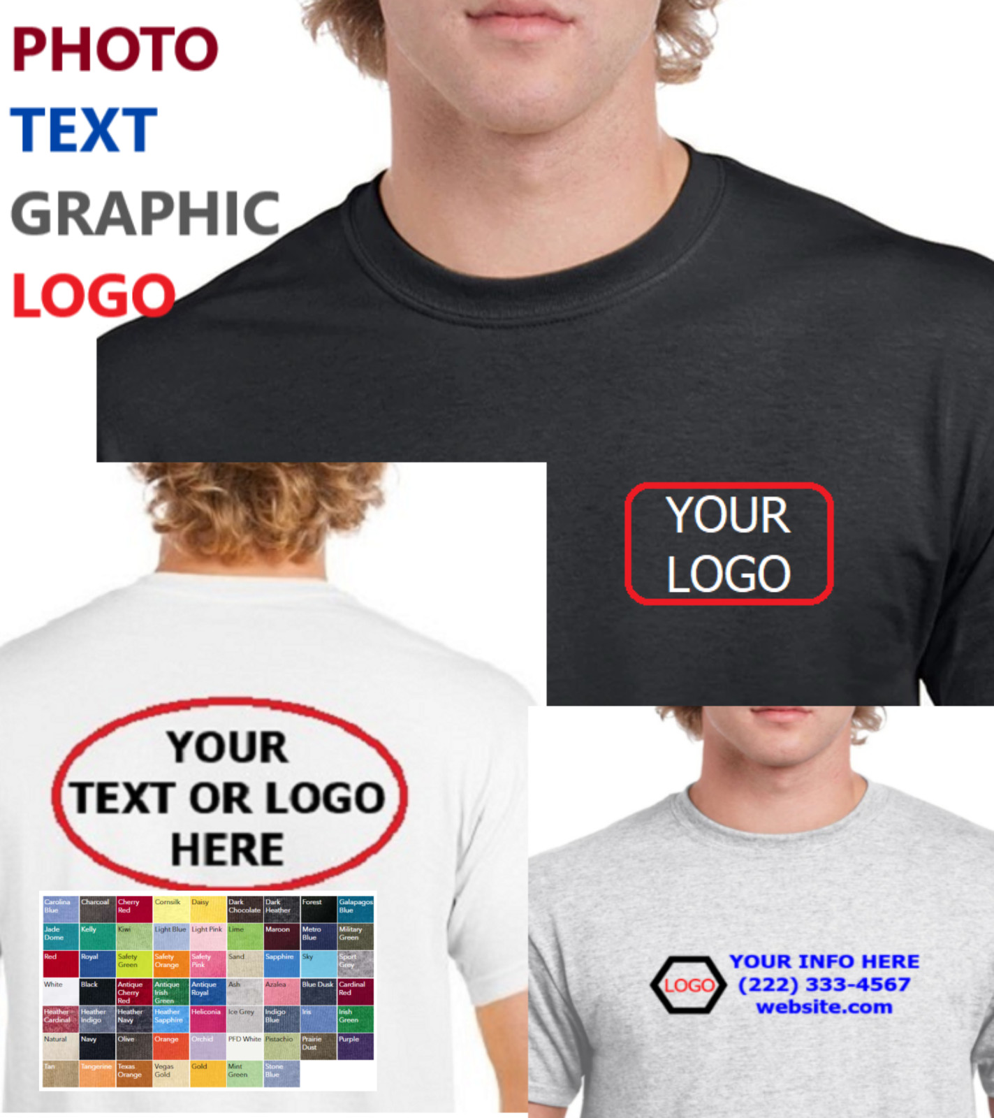 CUSTOM LOGO, TEXT, BASIC GRAPHICS T-Shirt, ANY Color Shirt, Youth-Adult Sm-6XL,