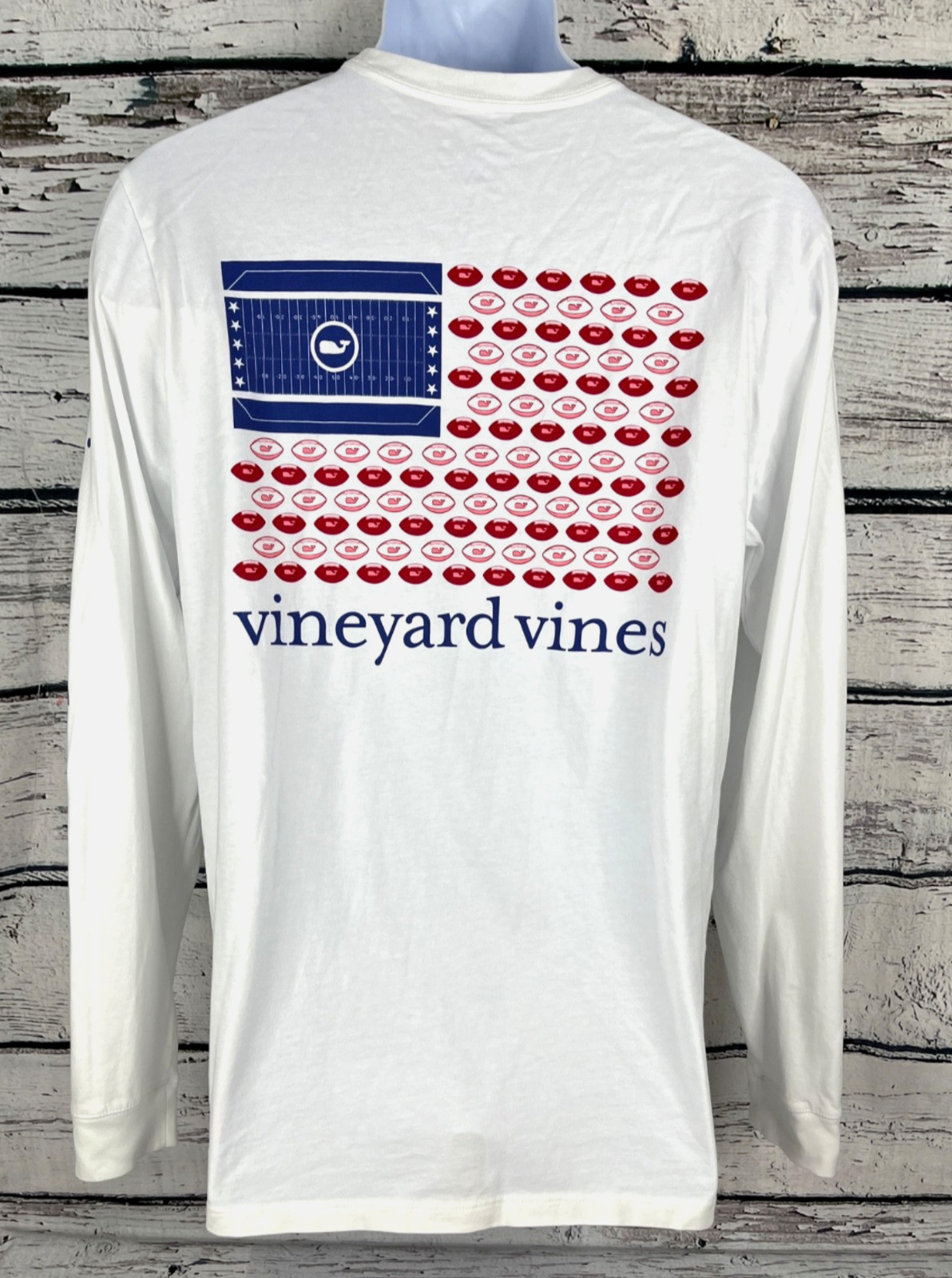 Vineyard Vines White Long Sleeve Football Theme USA American Flag Size 2XL – NEW