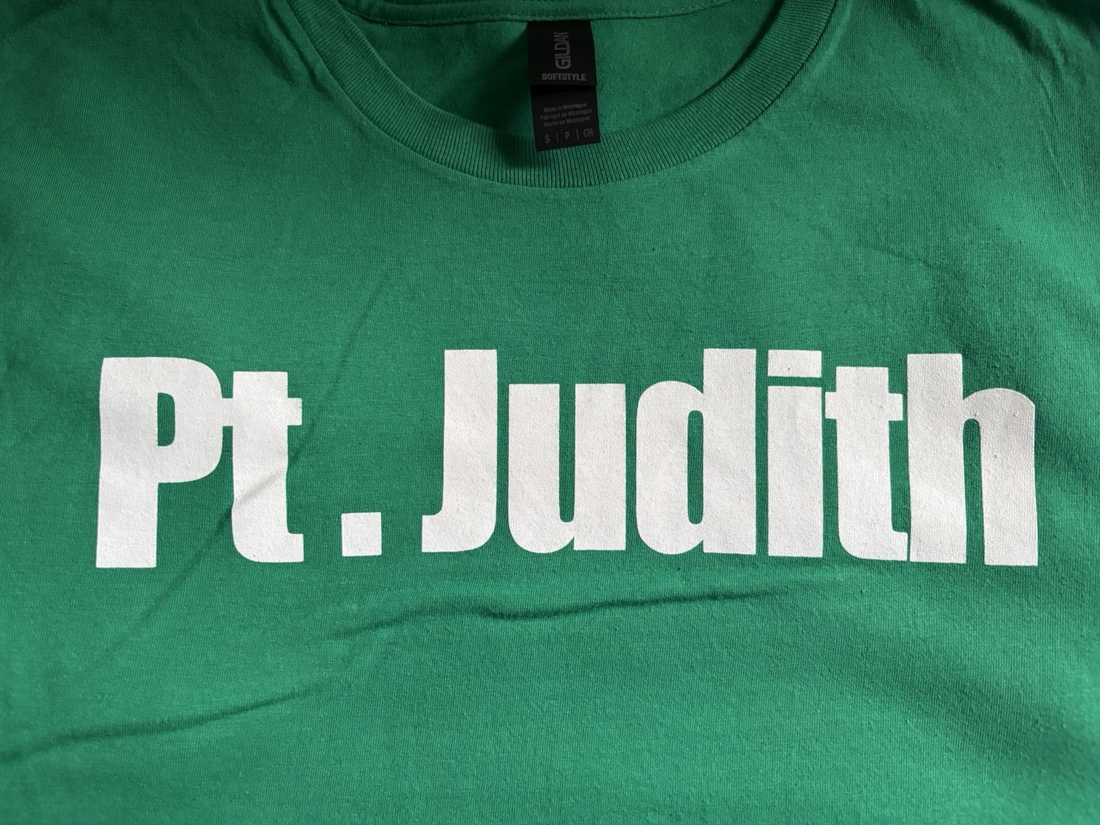 Point Judith Short Sleeve Tee Shirt. Straight Text. Green Tee With White Print