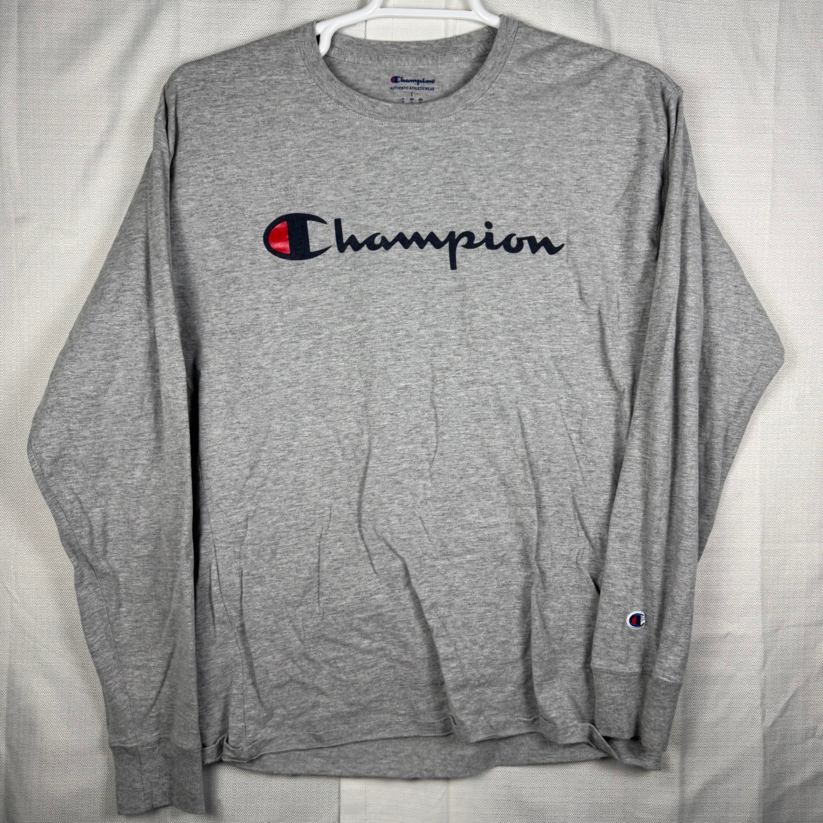 Champion Mens Long Sleeve Script Logo T-Shirt Heather Gray AJ3442 Size L