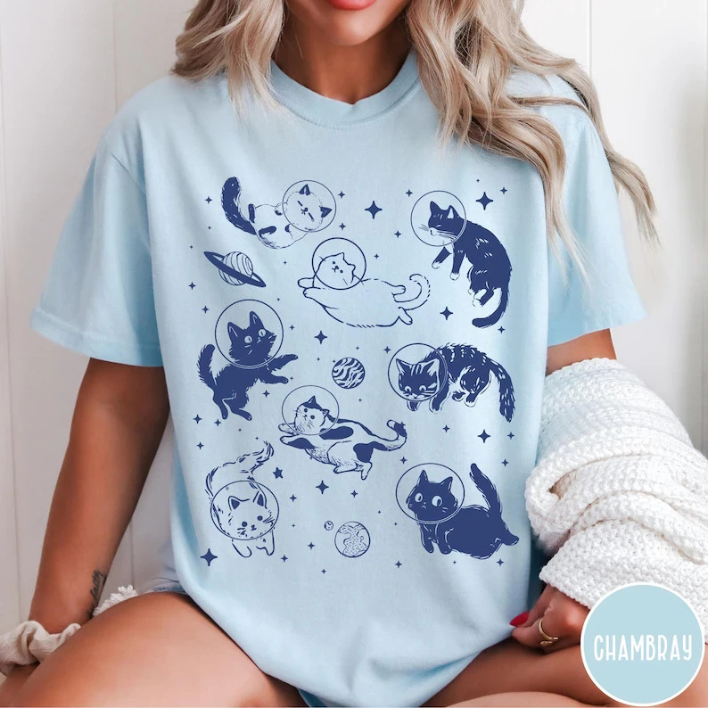 Cute Space Cat Tee Galaxy Kitten Graphic Shirt Celestial Themed Apparel