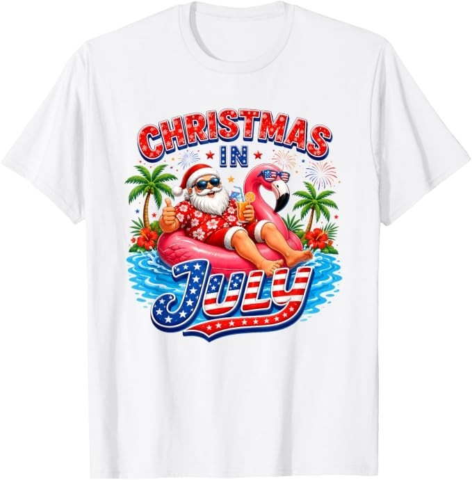 Christmas in July Santa Flamingo Summer T-Shirt