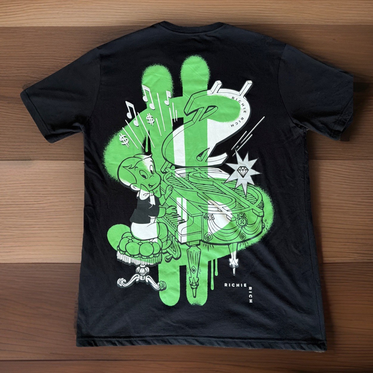 Richie Rich Graphic T Shirt Black Neon Green Piano Print Size L Tee NWT