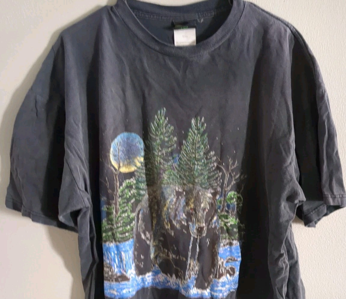 Vintage 90s Animal Bear XXL Graphic TSI Shirt Large Black 3D Moon Nature Grizzly