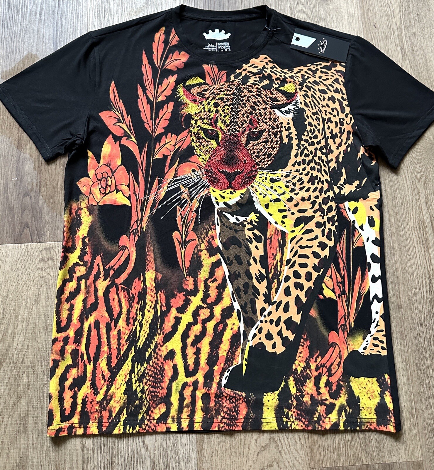 Heads or Tails Men’s Rainstones Beaded / Black / Tiger T-shirt Size XL