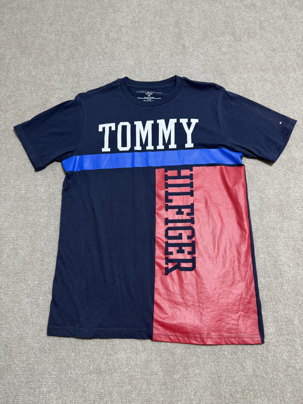Tommy Hilfiger Shirt Mens Extra Large Navy Blue Red Block Spell Out Tee XL Logo