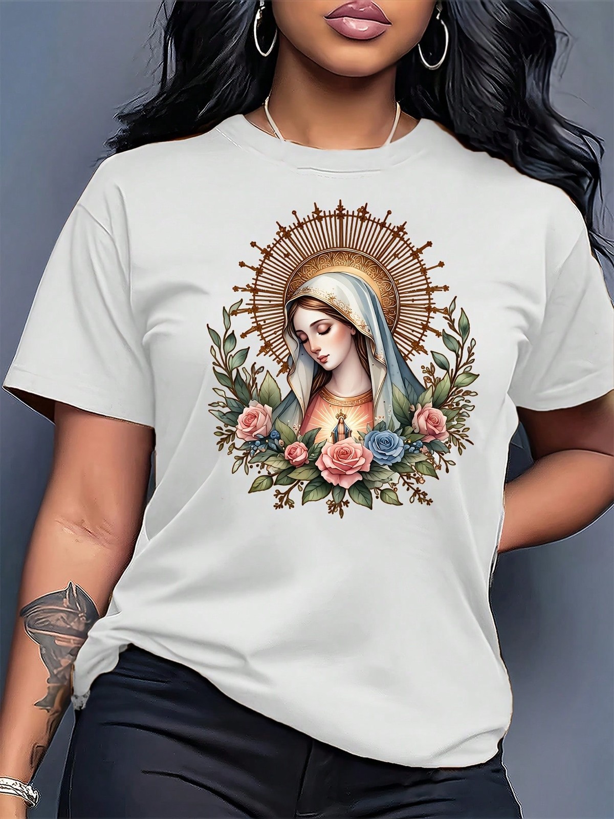 Women’s Short-Sleeve Top With Virgin Mary Floral Print, Round Neck