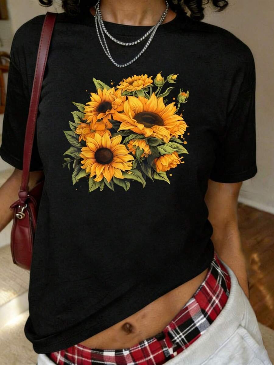 Yellow Sunflowers Print T-Shirt, Short Sleeve Crew Neck Casual Top