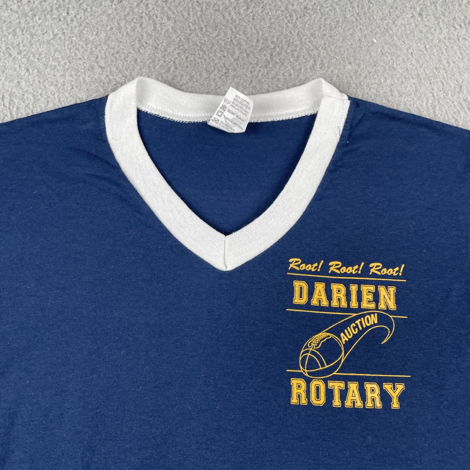 Vtg Augusta Sportswear Navy Blue Ringer V-Neck T Shirt Darien Rotary Club 90s