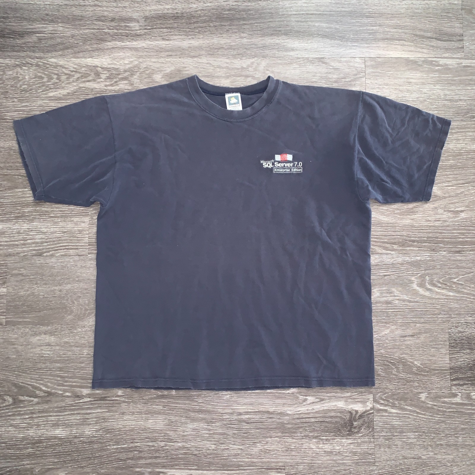 Vintage Faded Blue Microsoft SQL Server 7.0 Embriodered Knit Tech T-Shirt Sz. XL