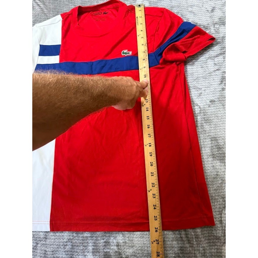 Lacoste Sport Mens Colorblock T-Shirt Red White Blue Stripe Crewneck Logo Tee