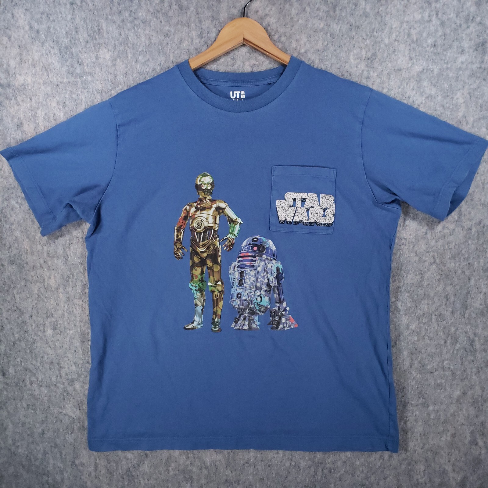 Star Wars Shirt Mens Large Blue Uniqlo UT C3PO R2D2 Droids Big Graphic Graffiti