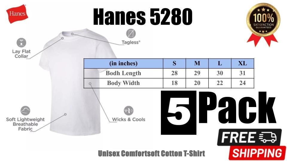 5 Pack Hanes 5280 Mens Short Sleeve ComfortSoft Lightweight Cotton T-Shirt