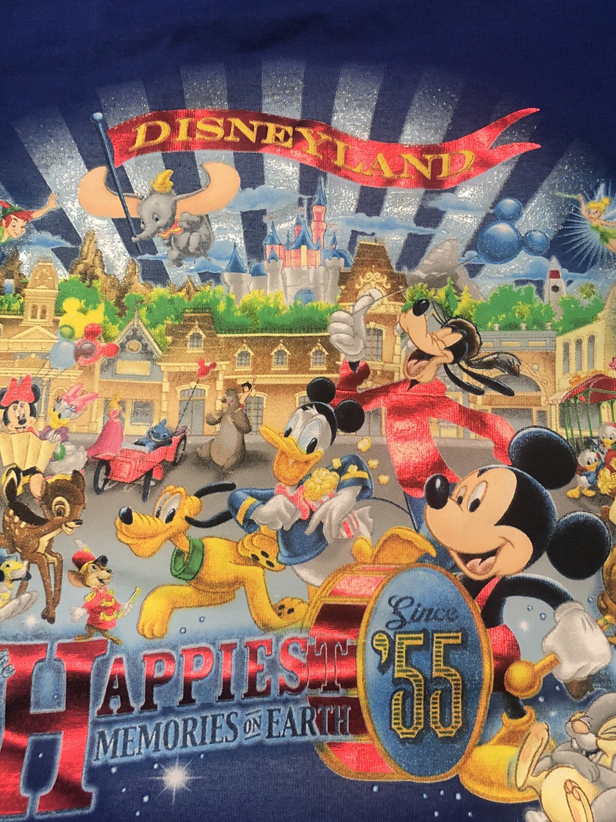 XL BLUE reflective HAPPIEST MEMORIES ON EARTH 55 Large DISNEY CAST SHIRT TEE