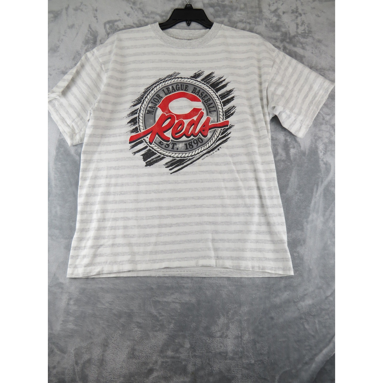 Vintage 1991 MLB Cincinnati Reds T Shirt XL Gray Stripe Trench Ultra TAG USA