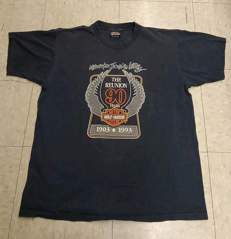 Vintage Harley Davidson 90 Years Reunion T-shirt Holoubek Front Back Print Sz Lg