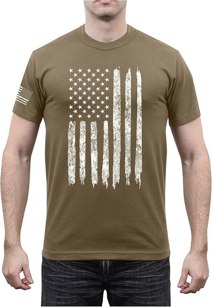 Men’s Distressed US Flag Athletic Fit T-Shirt Coyote Brown Tagless 2XL 2633