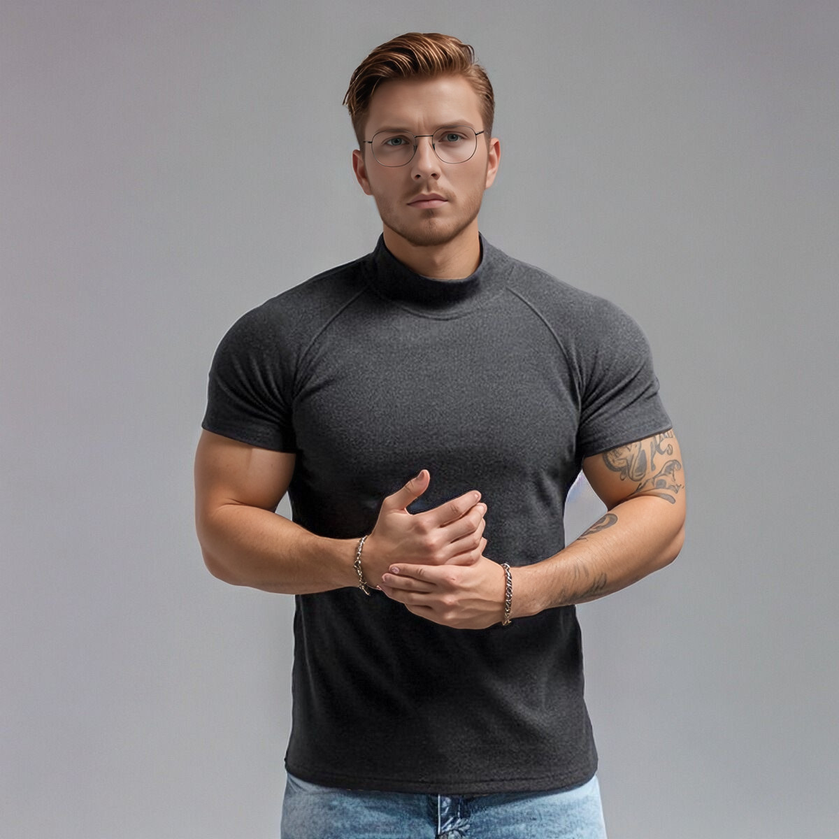 Men’s Muscle Slim Fit T Shirt Streetwear Solid Colors Gym High Neck
