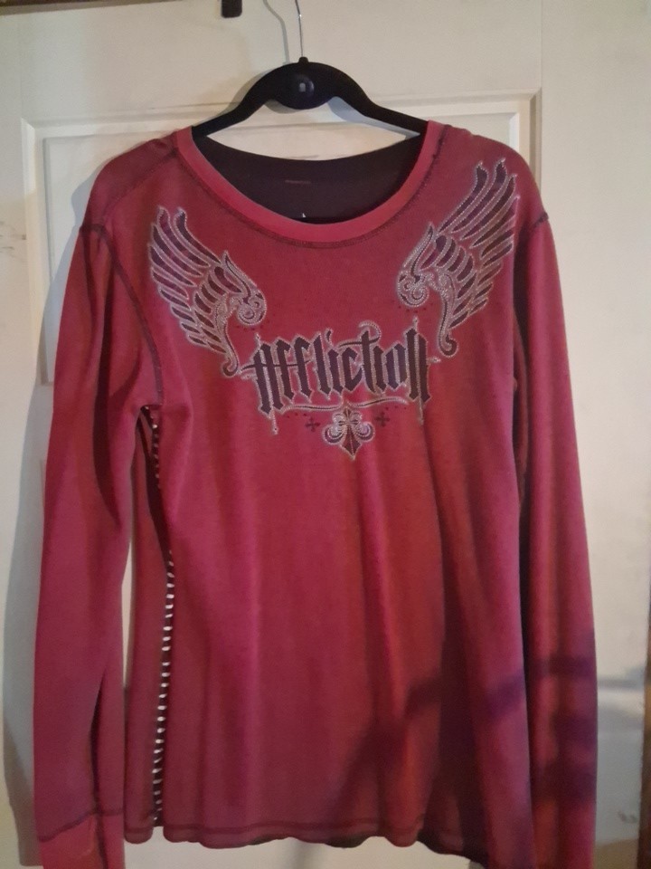 Affliction Reversible Shirt Mens Medium Red/Wine Long Sleeve Thermal Grunge-Flaw