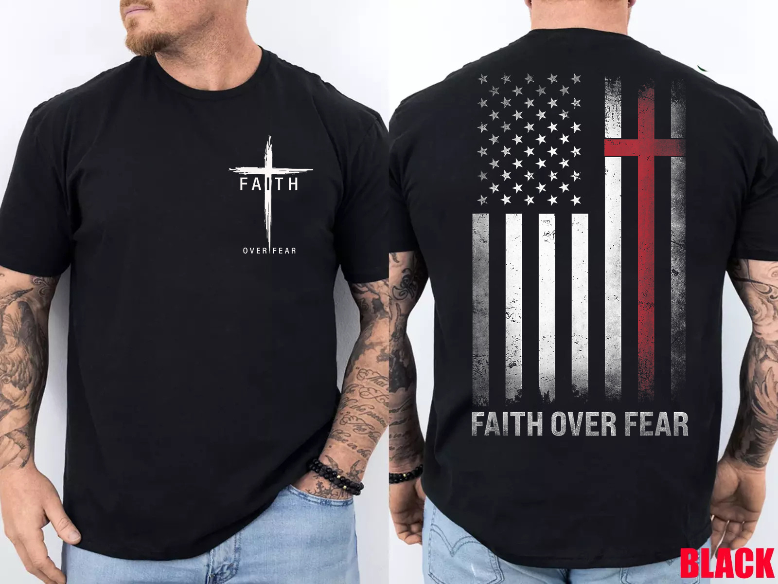 Faith Over Fear Cross Christian USA Flag American Jesus T-Shirt Double Sided