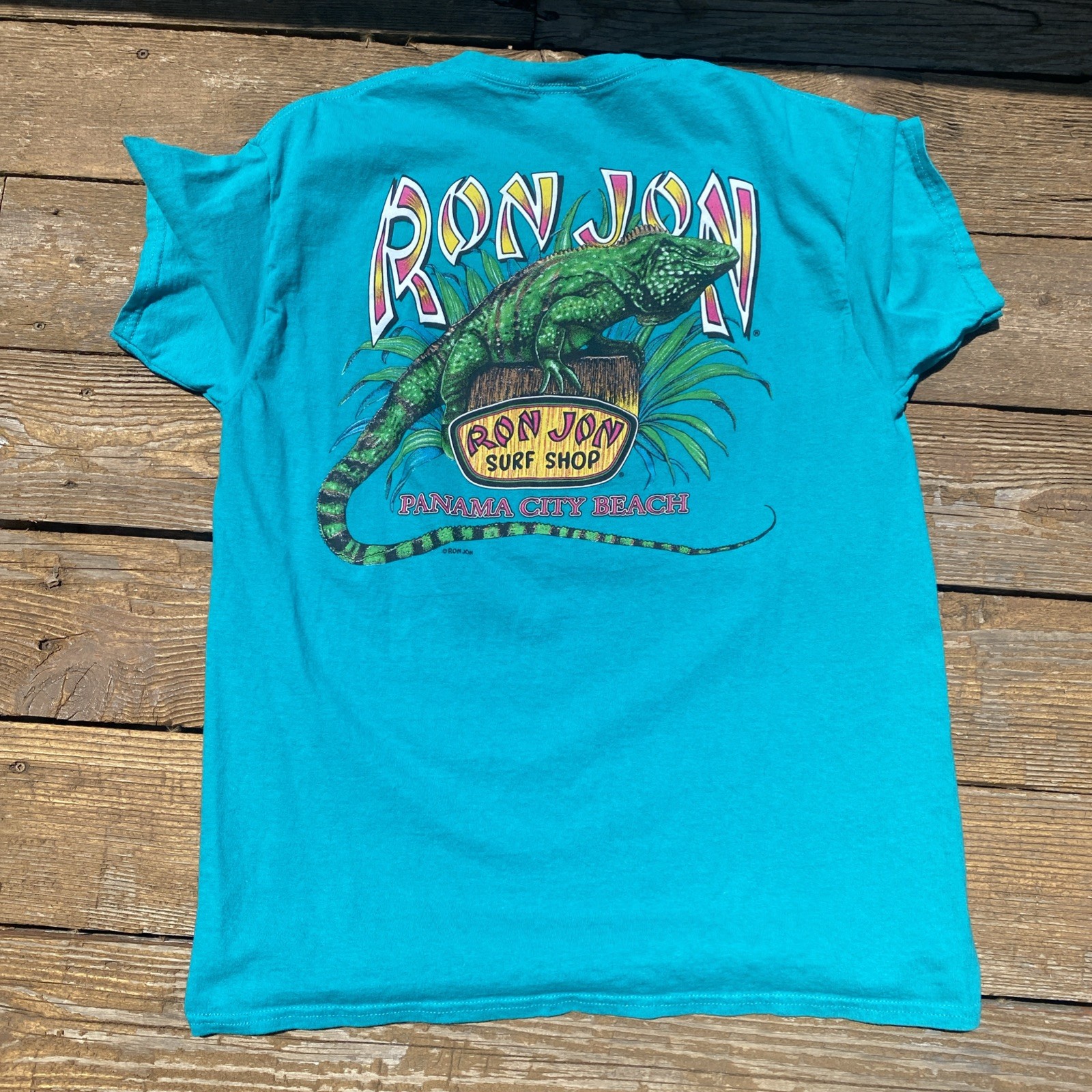 VTG Ron Jon T Shirt Surf Shop Iguana Panama City Beach FL Turquoise Green Large