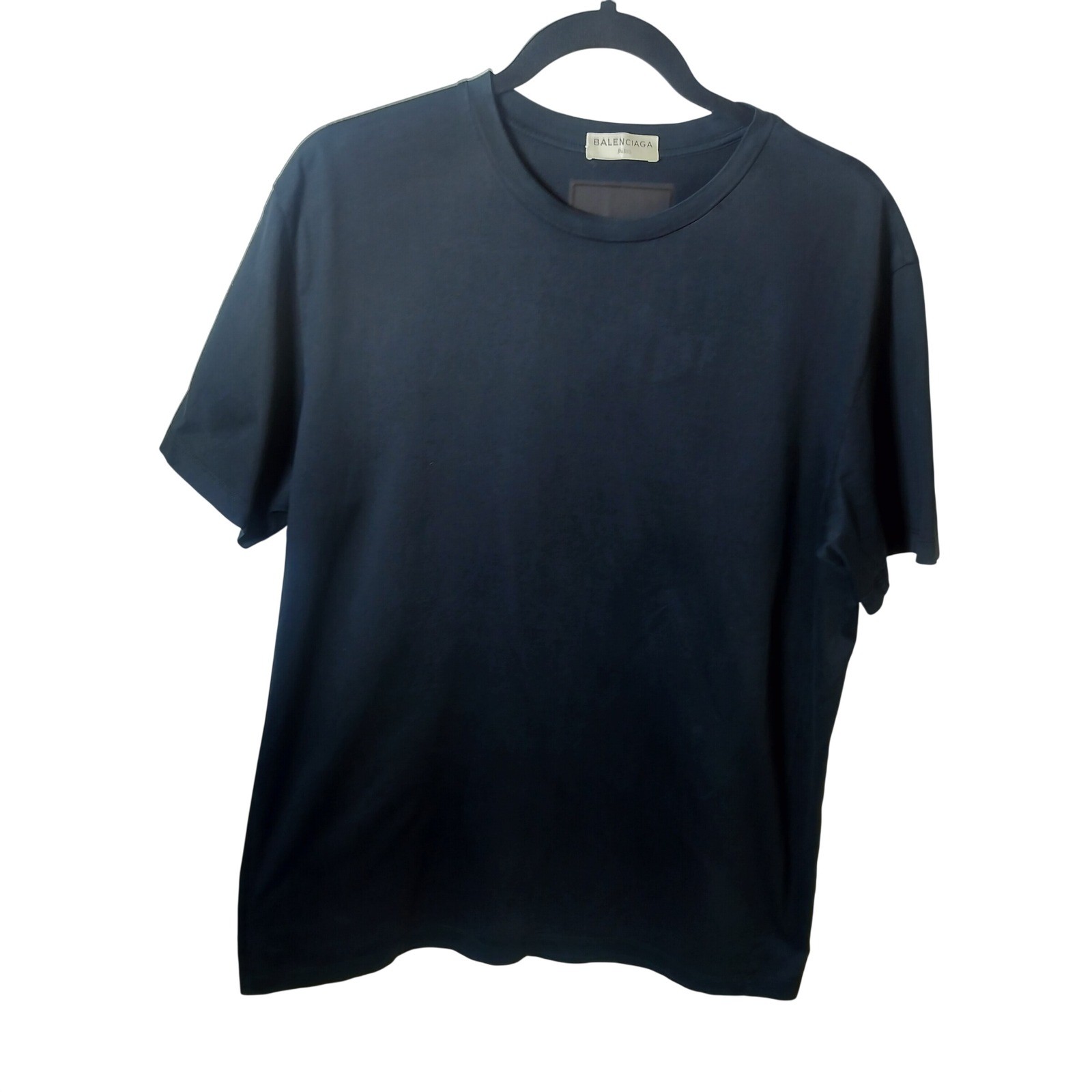 Balenciaga Paris Mens Navy Blue Short Sleeve Crew Neck T-Shirt Logo Patch L