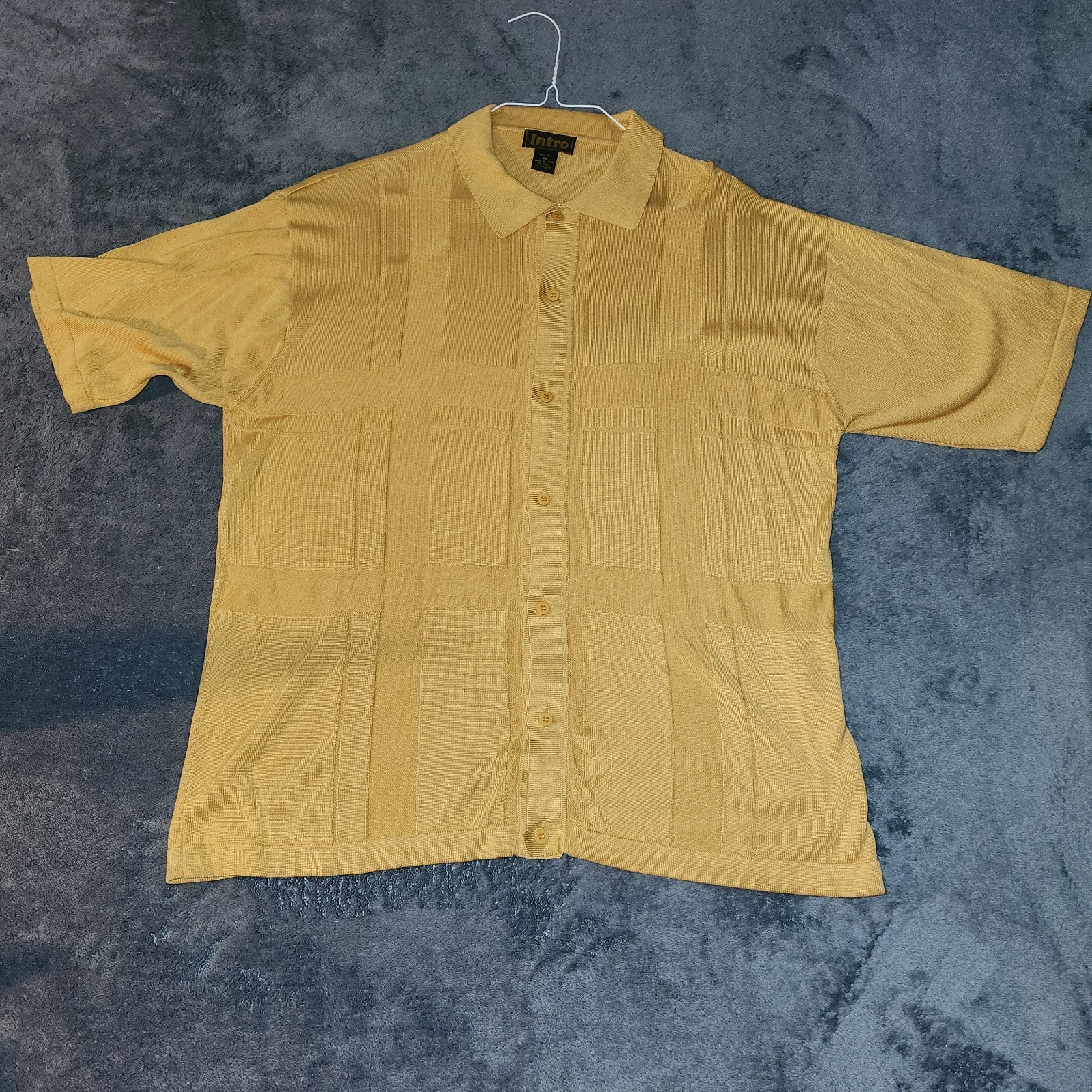 Intro Men’s Short Sleeve Button Front Shirt Mustard Yellow Textured Geometric