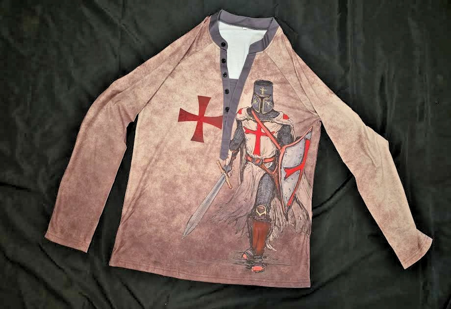 Men’s Crusader Knight Templar Long Sleeve Henley Shirt Medieval Cross Large