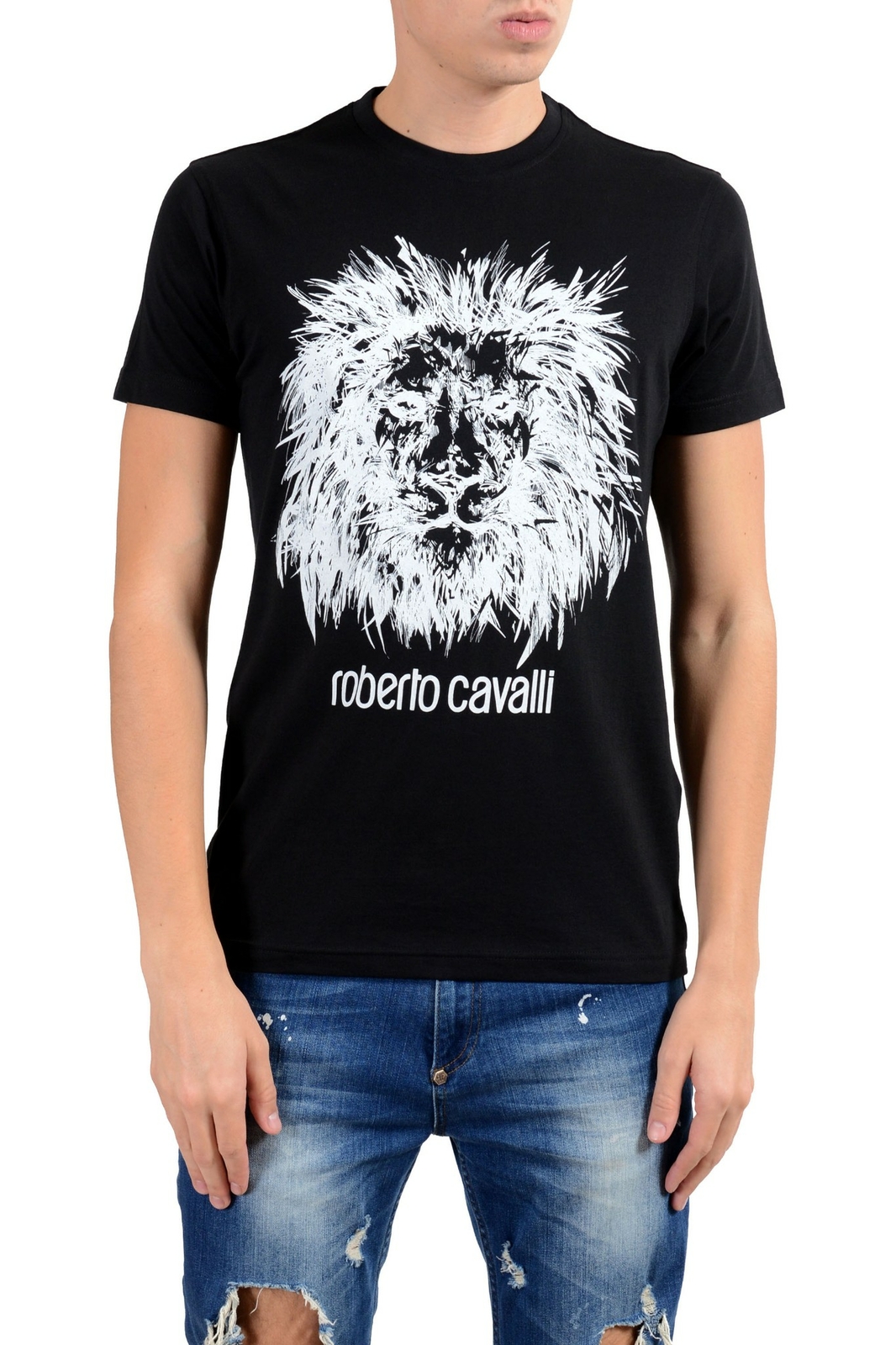 Roberto Cavalli Men’s Black Graphic Lion Crewneck T-Shirt Size S M L XL 2XL
