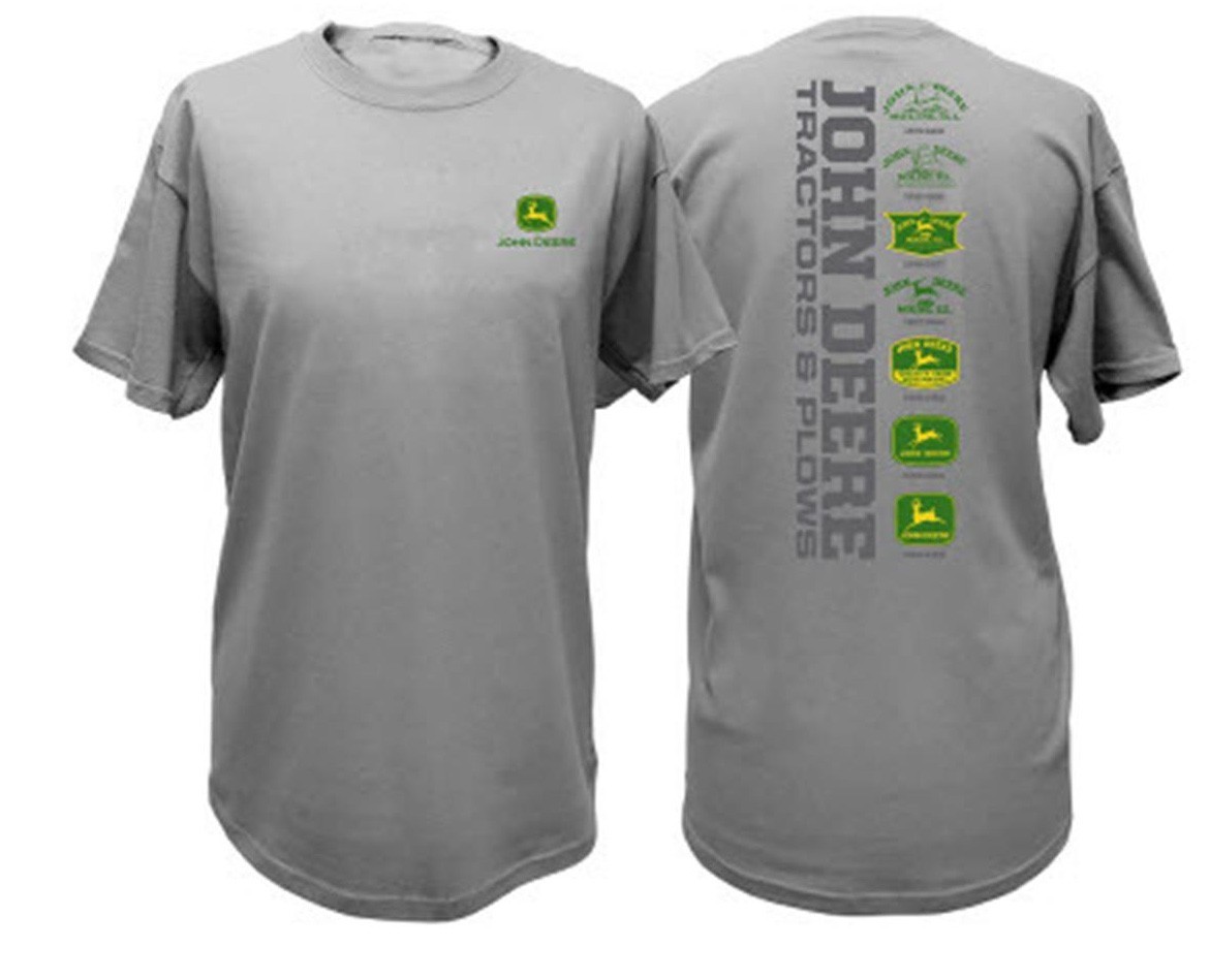 NEW John Deere Mens Gray Short Sleeve Logo History T-Shirt Size M, L, XL, 2X, 3X