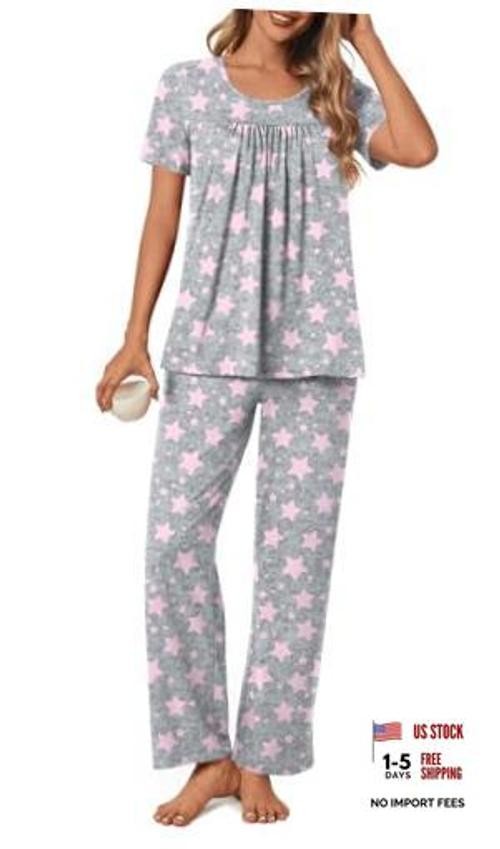 Women’s Pajama Set 2 Piece Short Sleeve Summer Loungewear Large Pink Star-gray