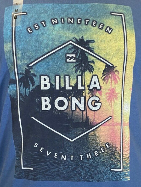 Billabong Mens Shirt Medium Blue Red Green Short Sleeve Slim Sunset Graphic