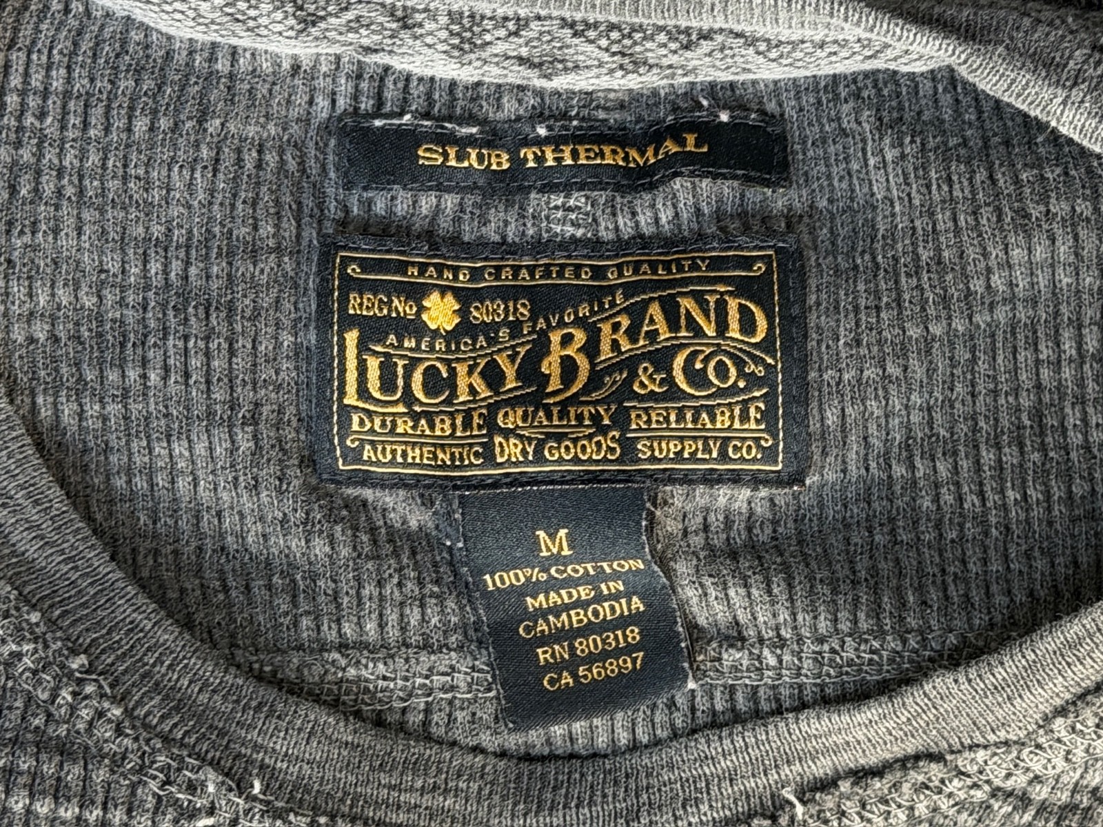 Lucky Brand Slub Thermal Shirt Mens M Gray Waffle Knit Long Sleeve Crewneck