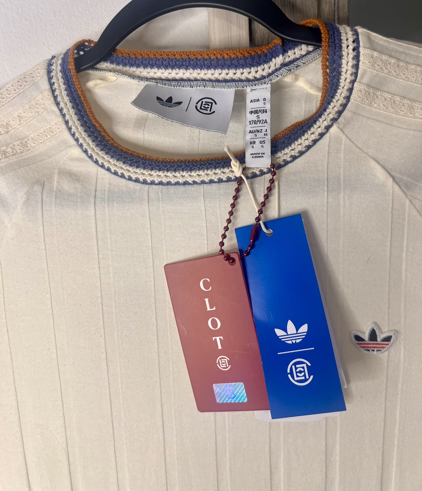 New Adidas Originals CLOT Shirt Mens S Cream Knit Collar Tee